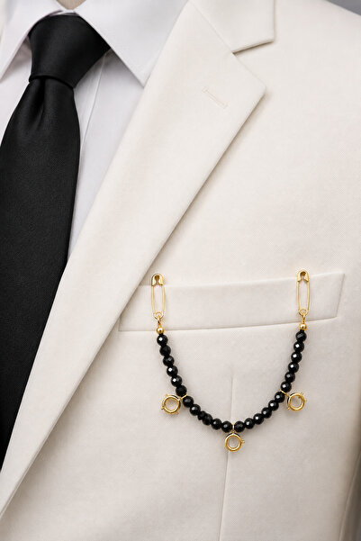 QELA COLLECTION 3 Çeyreklik Kilitli Damat Yaka İğnesi 6 mm Kristal Boncuklu B...