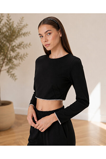 ESİN BUTİK GİYİM Kadın Siyah Taş Detaylı Uzun Kollu Crop Sweatshirt