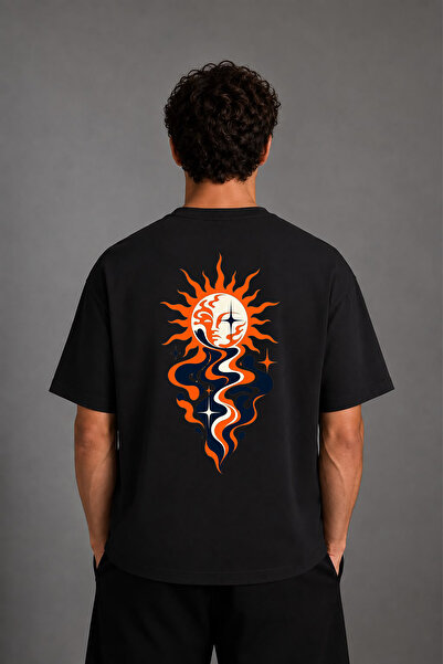 VSRN Tricou negru supradimensionat cu imprimeu pe spate Eriyen Güneş Design