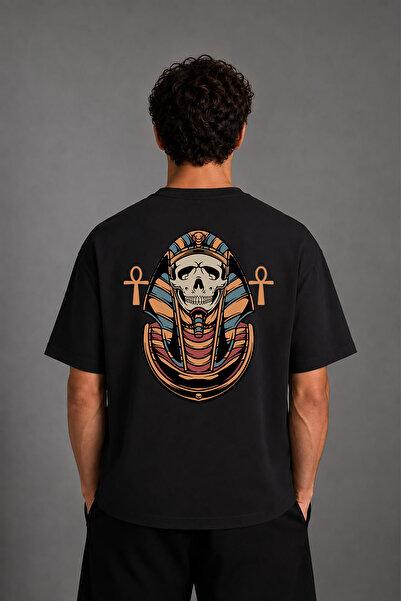 VSRN Tricou oversize negru cu imprimeu pe spate cu design schelet egiptean