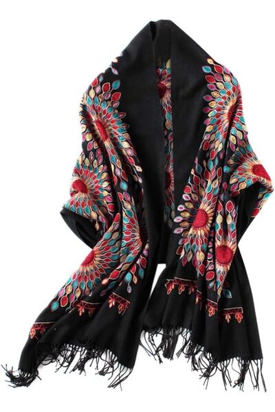 Urban CoCo Women's Embroidered Oversize Tassel Shawl Scarf