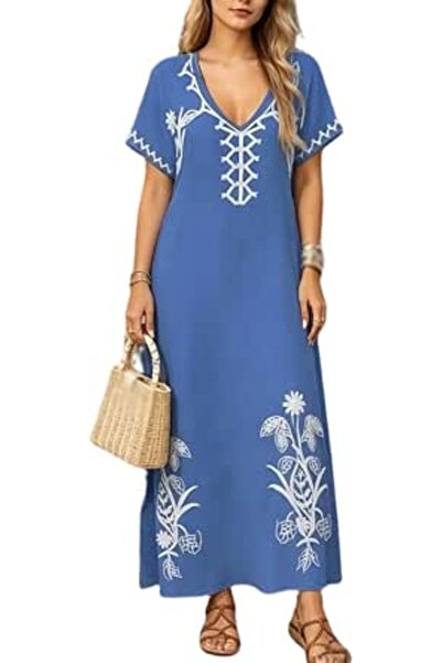 YouKD Summer Cotton Embroidered Floral Loose Caftan Boho Beach Bikini Cover U...