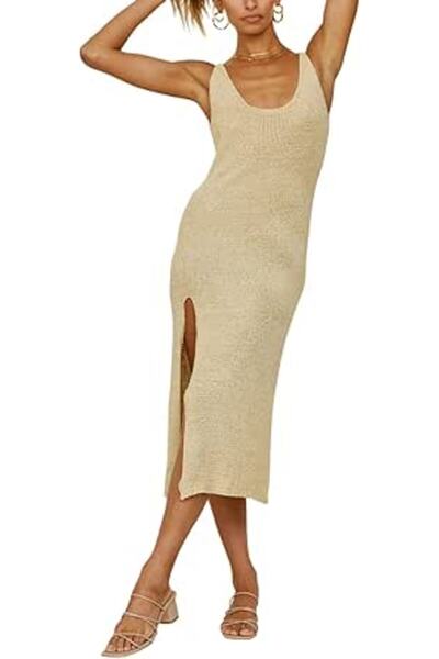 YouKD Women's Knit Vest Long Dress Crochet Robes V Neck Elegant Cover Up Dress