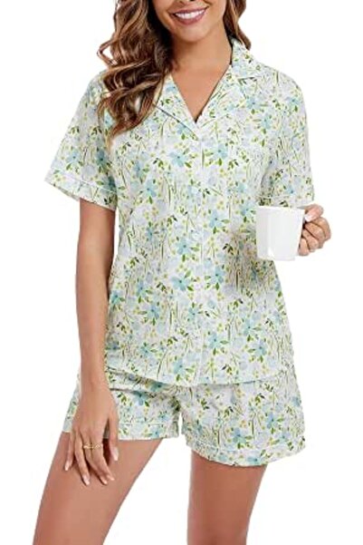 LUBOT 100% Cotton Pajamas for Women PJ Set Button-Down Knitted Soft Long Shor...