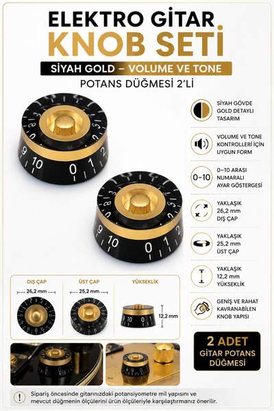 Genel Markalar Elektro Gitar Knob Seti Siyah Gold – Volume ve Tone Potans Düğ...