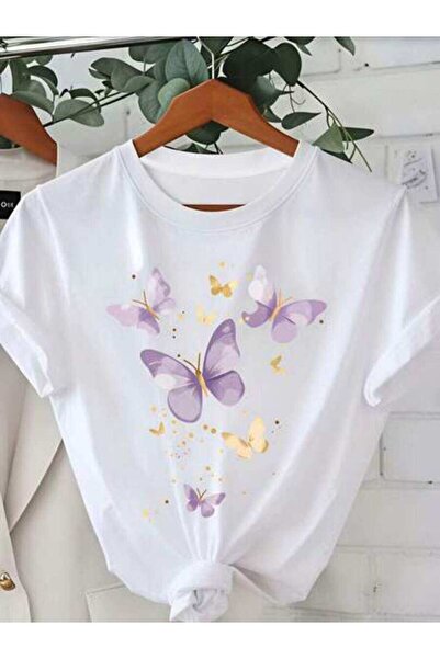 23ERVA Butterfly Print, Women's Purple Gold Butterflies Design, Pure Cotton T...