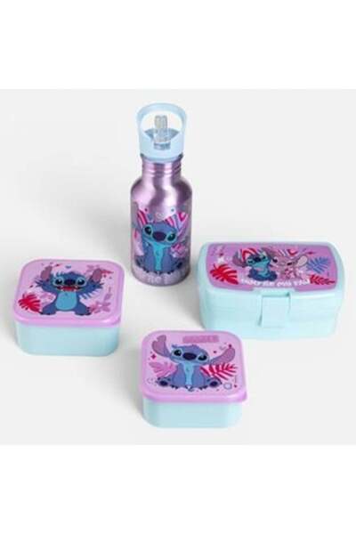 OEM Water Bottle and Food Casserole Set, Stitch Pattern, 4 pcs