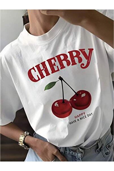 2BIR Cherry, Women's Cherry Pattern With Happy Have A Nice Text, Pure Cotton ...