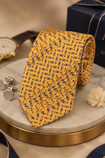 Kravatkolik Yellow Small Pattern Italian Silk Pleated Tie Est213