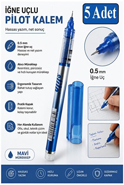 Artmaster Mavi Pilot Kalem İğne Uçlu 5 Adet Stilo Pilot Kalem 0.5mm İnce Uçlu...