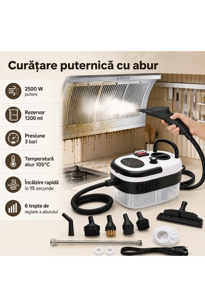 Generic Brand Aparat de Curățat cu Abur Portabil, 2500 W, Rezervor 1,2 L, 3 Bar, 105°C, Încălzire în 15 Secunde, 6 Trepte de Abur, Alb/Negru
