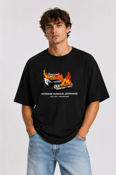 Compostela Unisex Women's Men's Police Car Flame Printed Design Printed Overs...