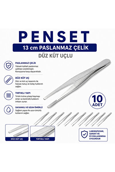 Labolist Penset Düz Küt Uçlu 13 cm Paslanmaz Çelik 10 Adet