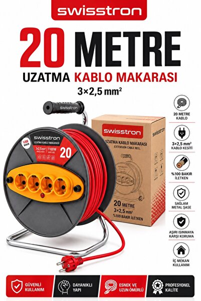 SwissTron 20 Metre 3x2,5 mm² Makaralı Uzatma Kablosu 4’lü Topraklı Prizli Seyyar Kablo Makarası Bakır Sargılı