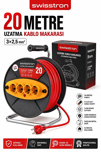 SwissTron 20 Metre 3x2,5 mm² Makaralı Uzatma Kablosu 4’lü Topraklı Prizli Seyyar Kablo Makarası Bakır Sargılı