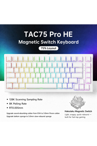 Choice10 لوحة مفاتيح TAC75 Pro البيضاء من AKKO TAC75 HE بمفاتيح مغناطيسية، لو...