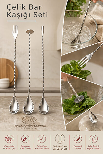 Transformacion Bar Kaşığı Seti - 30cm/25cm Spiral Kokteyl Kaşığı Çatallı Ezic...