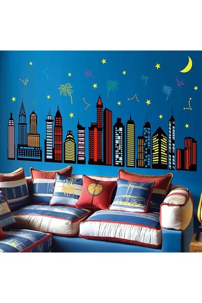 Amimagen City Skyline Wall Stickers for Boys: Peel and Stick Colorful Hero Ci...