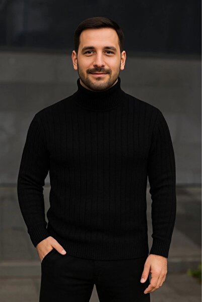 Generic Brand Men's Full-Length Turtleneck Knitwear Sweater Thick Ribbed - Black