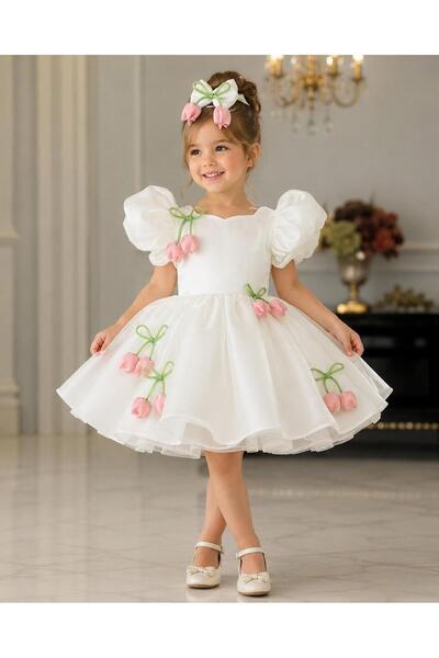 PRİNCESS Girl's Pink Tulip Detailed Dress, Girl's Evening Dress, Birthday Dress