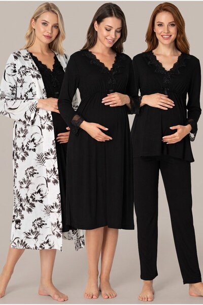 LOHOUSE Women's Black Patterned Lace Long Sleeve Maternity Nightgown Pajama Set