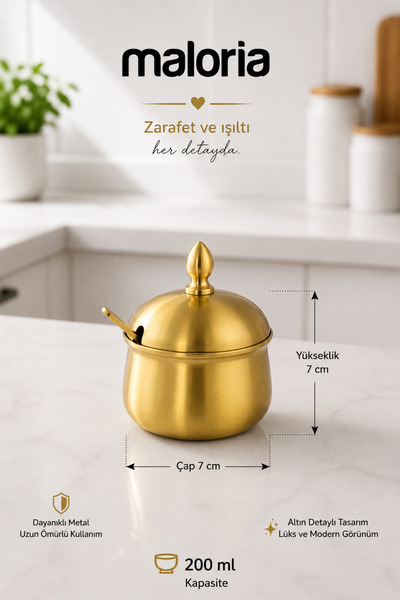 Maloria Gold Metal Küçük Şekerlik Seti Kaşıklı