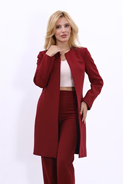 ÖNDER ÖZSOY Sıfır Yaka Düz Uzun Ceket-Bordo