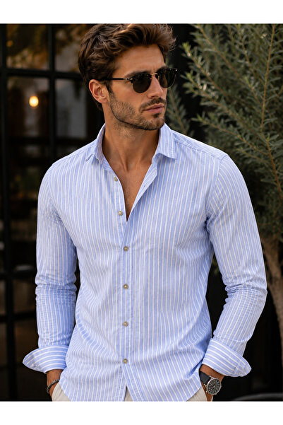 DYNAMO Men's Blue Striped Lycra 100% Cotton Regular Fit Sports Shirt Casual S...