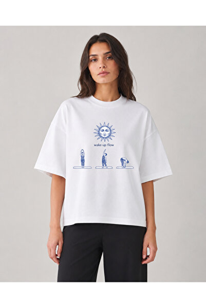 Wake Up Flow Yoga Pilates Baskılı Oversize Tişört Unisex %80 Pamuk Boxy Fit Streetwear T-Shirt Kalın Dokulu