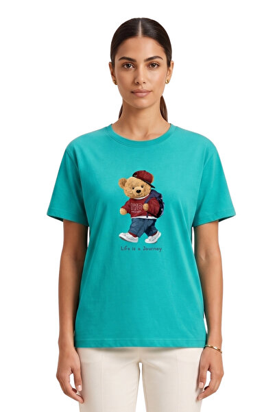 DK DAKSEL Women's Green Teddy Bear Printed T-Shirt Life Is a Journey Comforta...