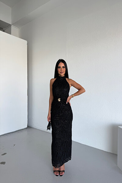 KAMACI BUTİK HALTER YAKA FLOK BASKILI ELBİSE