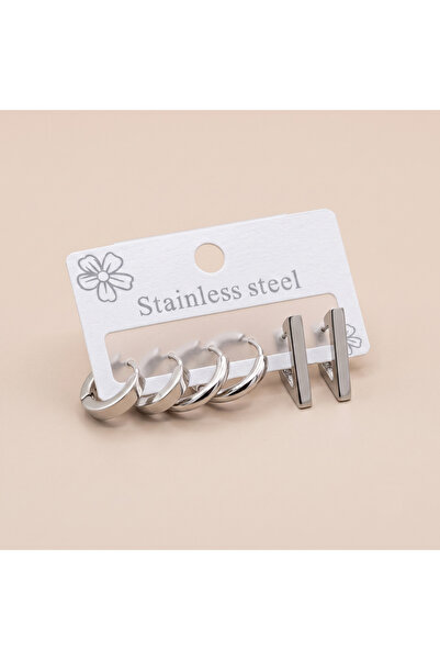 staınless steel 316L Çelik Gümüş Renk Taşsız Karma Küpe Seti
