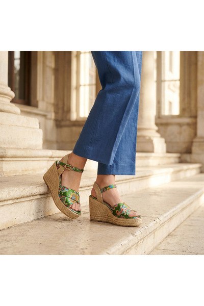Letafia Valley Ethnic Pattern Straw Wrapped Wedge Heeled Shoes