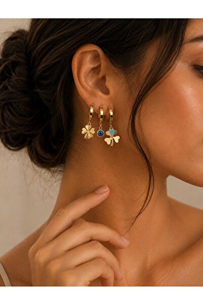 ELANORAFORYOU Set of 3 Gold Steel Earrings with Clover and Evil Eye Beads
