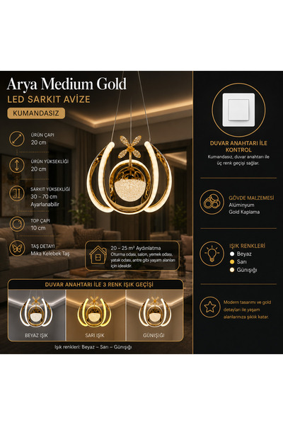mubeda aydınlatma Arya Düz Silikon Gold LED Sarkıt Avize - 3 Renk Aydınlatma ...