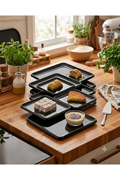 BİODATA 6 Pieces Unbreakable Melamine Square Dessert Serving Plate 18 cm - Black