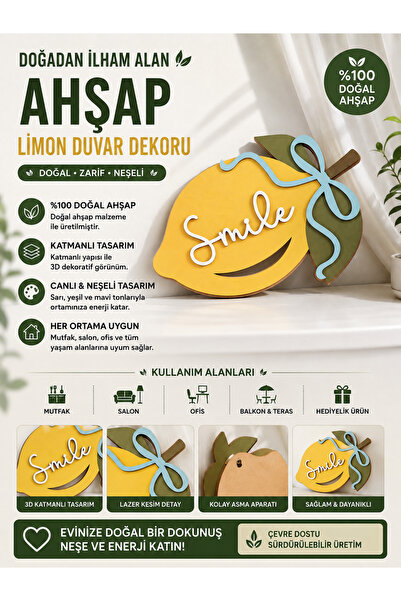 ROKH Ahşap Limon Duvar Dekoru Smile | 3D Katmanlı Dekoratif Duvar Süsü | Laze...