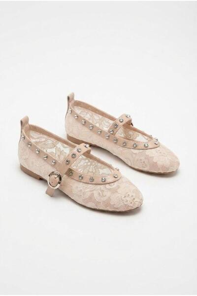 fort 027-229 Tulle Stone Buckle Detailed Soft Comfortable Women's Ballerinas