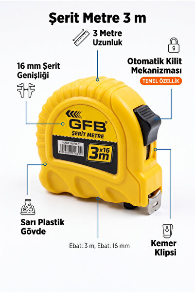 GFB Şerit Metre 3 m x 16 mm - Otomatik Kilit Mekanizmalı Kemer Klipsli Ölçü Metresi