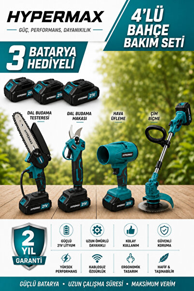 hypermax Profesyonel 4’lü Bahçe Bakım Seti Çim Biçme Makinesi Hava Üfleme Mak...