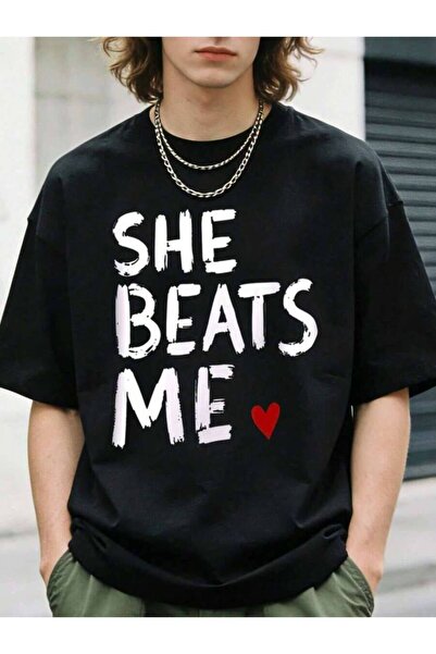25W 1pc Mens Clothes SHE B E A S ME Print Black TShirt, Unisex Casual Crew Ne...
