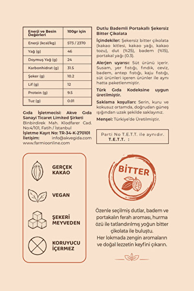 FARMİO İlave Şekersiz Bitter & Portakallı Çikolata Kaplı Dut & Badem - 70gr Teneke Kutu