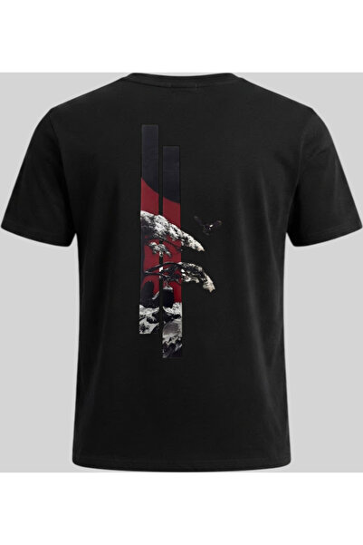 Nazlyna Black 100% Cotton Unisex T-Shirt with Japanese Aesthetic Tree and Bir...