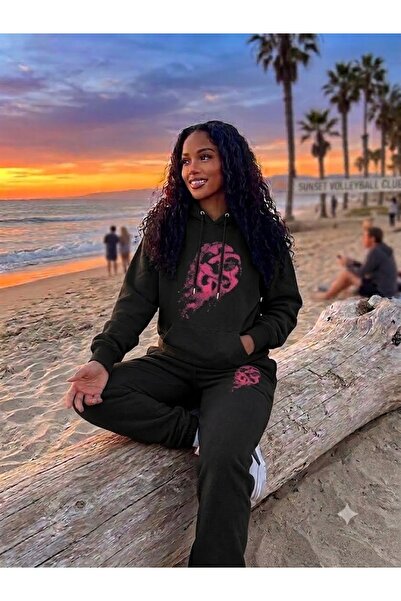 WOODROFFE Women's Volleyball Pink Printed Oversize Hooded Tracksuit Set Casual