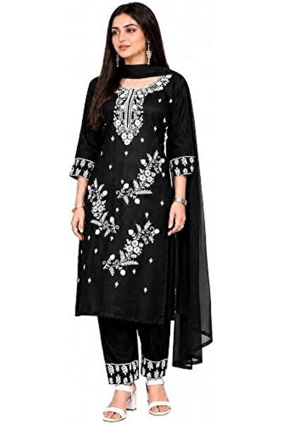 GENERAL Women's Black Embroidered Pakistani Suit Set with Dupatta, Salwar Kam...