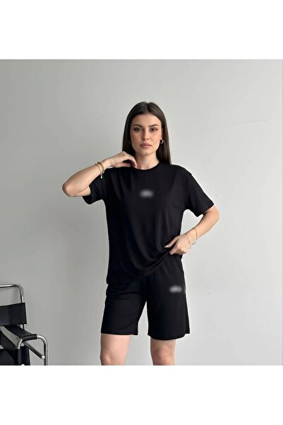 mylunessa Set de trening negru cu guler rotund, mâneci scurte și pantaloni sc...