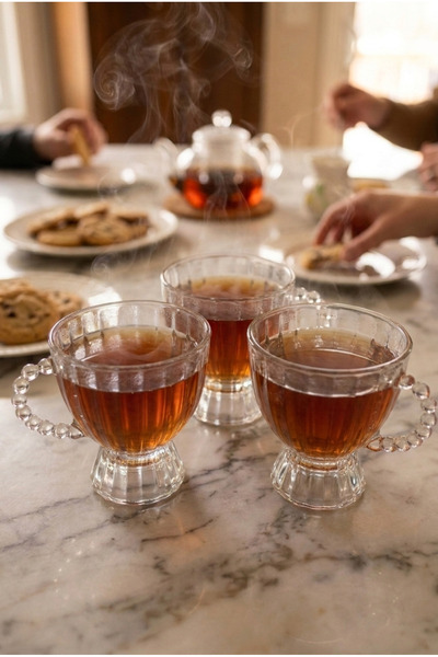 Evyeri 3'lü 180 ml Boncuk Kulplu Kristal Cam Kupa Seti – Kalın Cam Şeffaf Kah...