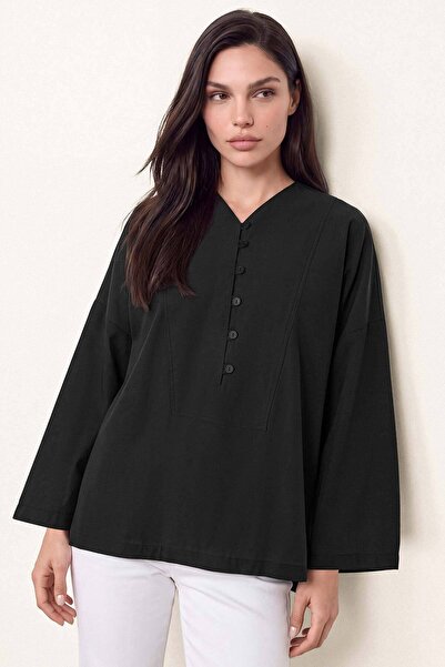 Hooopstore V Yaka Oversize Siyah Bluz