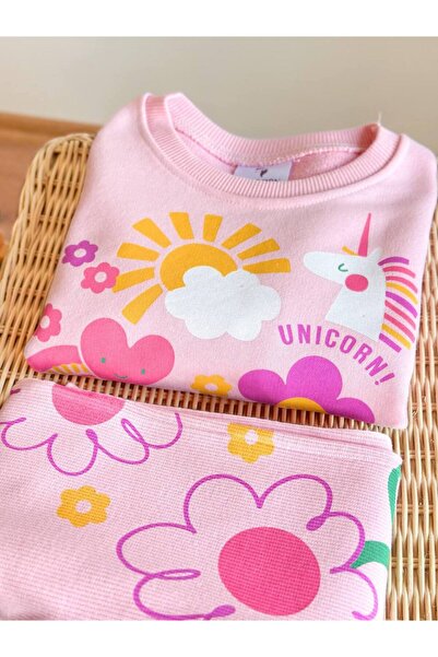 UNICORN KORAKABABY Kız Çocuk Çiçek Baskılı Alt Üst Takım Pembe İspanyol Paça ...