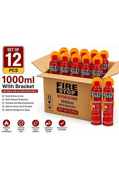 FIRE STOP Portable Fire Extinguisher Spray 1000ml with Mounting Bracket - 12 ...